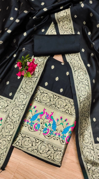 Mayawye Women's Banarasi Silk Printed Unstitched Salwar Suit Material With Dupatta (Black, 3Mtrs)