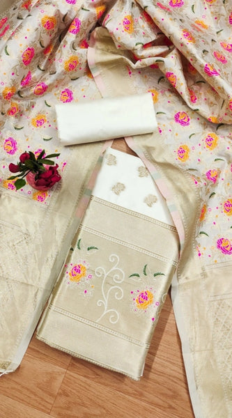 Mayawye Women's Banarasi Silk Printed Unstitched Salwar Suit Material With Dupatta (White, 3Mtrs)