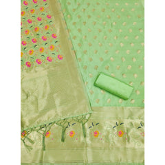 Mayawye Women's Banarasi Silk Printed Unstitched Salwar Suit Material With Dupatta (Pista, 3Mtrs)