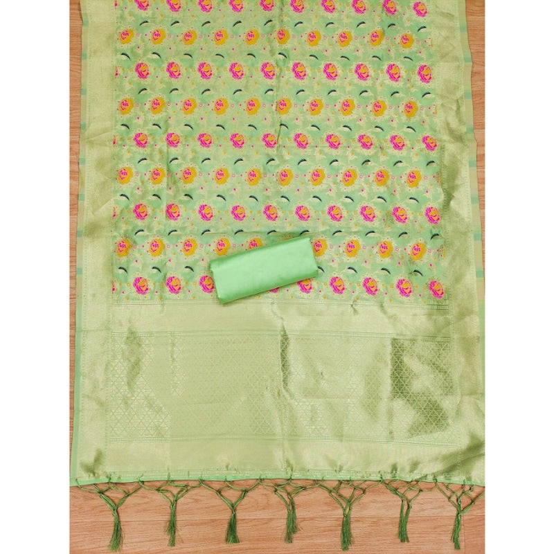 Mayawye Women's Banarasi Silk Printed Unstitched Salwar Suit Material With Dupatta (Pista, 3Mtrs)