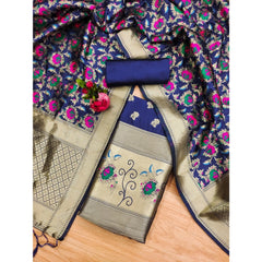 Mayawye Women's Banarasi Silk Printed Unstitched Salwar Suit Material With Dupatta (Navy Blue, 3Mtrs)