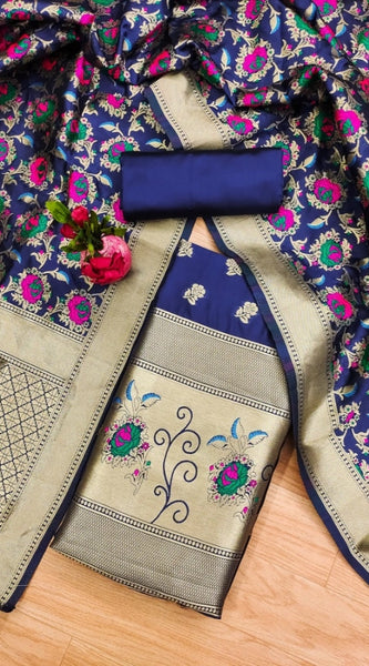 Mayawye Women's Banarasi Silk Printed Unstitched Salwar Suit Material With Dupatta (Navy Blue, 3Mtrs)