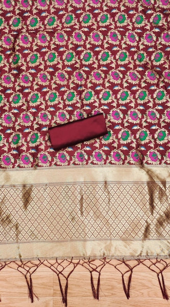 Mayawye Women's Banarasi Silk Printed Unstitched Salwar Suit Material With Dupatta (Maroon, 3Mtrs)