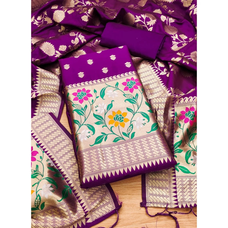 Mayawye Women's Banarasi Silk Printed Unstitched Salwar Suit Material With Dupatta (Purple, 3Mtrs)