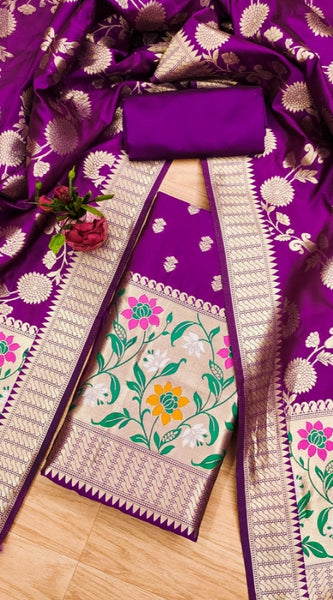 Mayawye Women's Banarasi Silk Printed Unstitched Salwar Suit Material With Dupatta (Purple, 3Mtrs)
