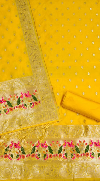 Mayawye Women's Banarasi Silk Printed Unstitched Salwar Suit Material With Dupatta (Yellow, 3Mtrs)