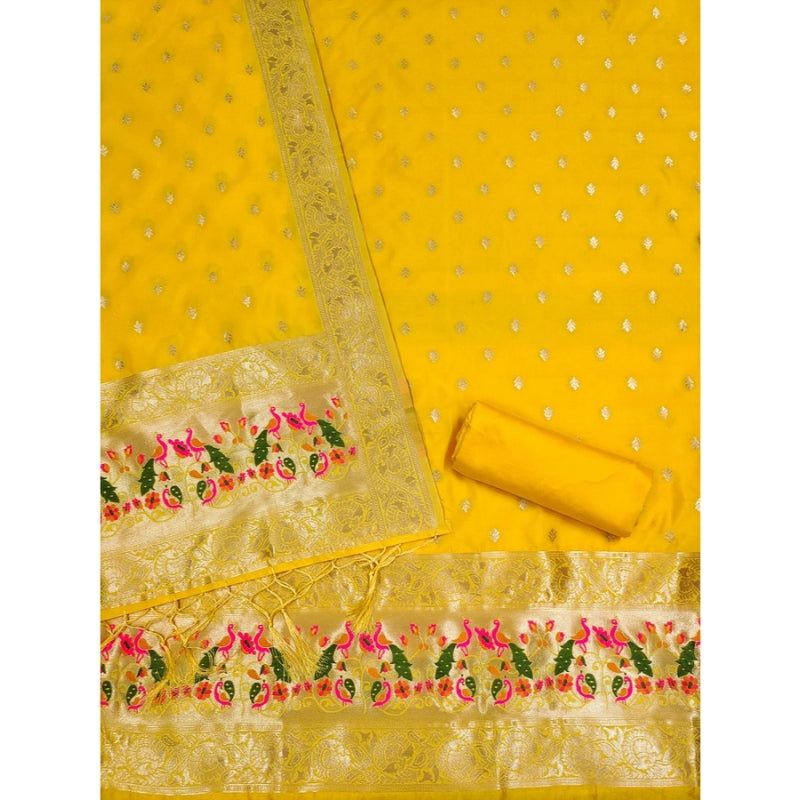 Mayawye Women's Banarasi Silk Printed Unstitched Salwar Suit Material With Dupatta (Yellow, 3Mtrs)