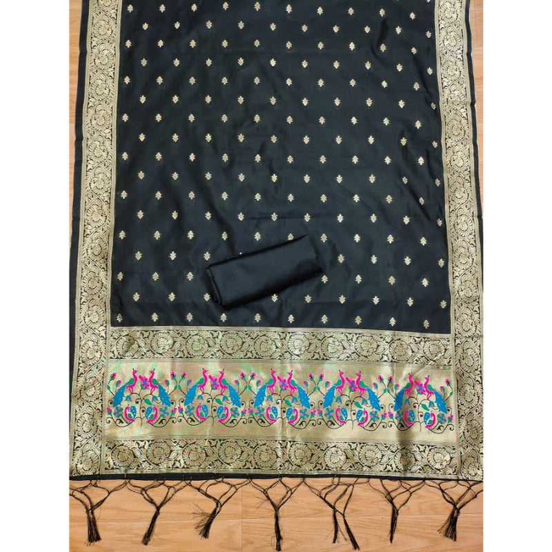 Mayawye Women's Banarasi Silk Printed Unstitched Salwar Suit Material With Dupatta (Black, 3Mtrs)