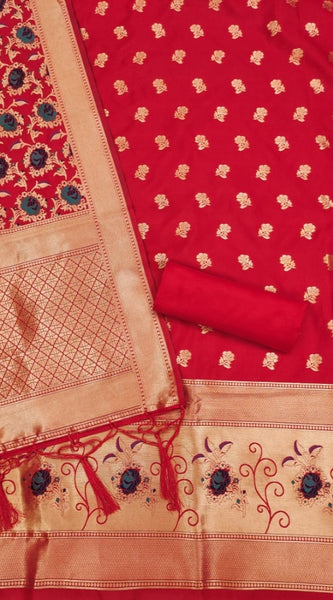 Mayawye Women's Banarasi Silk Printed Unstitched Salwar Suit Material With Dupatta (Red, 3Mtrs)