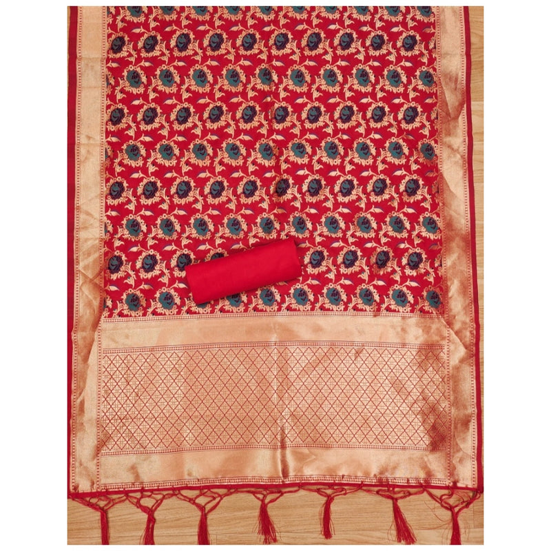 Mayawye Women's Banarasi Silk Printed Unstitched Salwar Suit Material With Dupatta (Red, 3Mtrs)