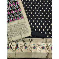 Mayawye Women's Banarasi Silk Printed Unstitched Salwar Suit Material With Dupatta (Black, 3Mtrs)