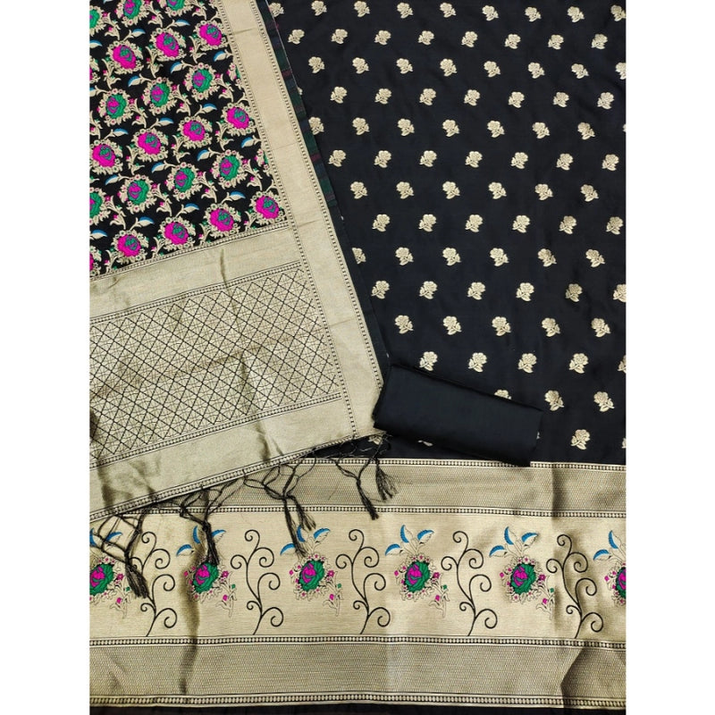 Mayawye Women's Banarasi Silk Printed Unstitched Salwar Suit Material With Dupatta (Black, 3Mtrs)