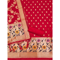 Mayawye Women's Banarasi Silk Printed Unstitched Salwar Suit Material With Dupatta (Red, 3Mtrs)