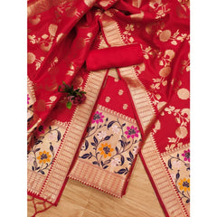 Mayawye Women's Banarasi Silk Printed Unstitched Salwar Suit Material With Dupatta (Red, 3Mtrs)