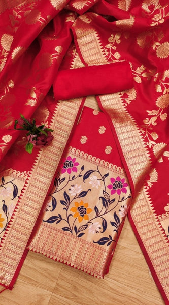 Mayawye Women's Banarasi Silk Printed Unstitched Salwar Suit Material With Dupatta (Red, 3Mtrs)