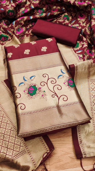 Mayawye Women's Banarasi Silk Printed Unstitched Salwar Suit Material With Dupatta (Maroon, 3Mtrs)