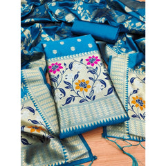 Mayawye Women's Banarasi Silk Printed Unstitched Salwar Suit Material With Dupatta (Blue, 3Mtrs)