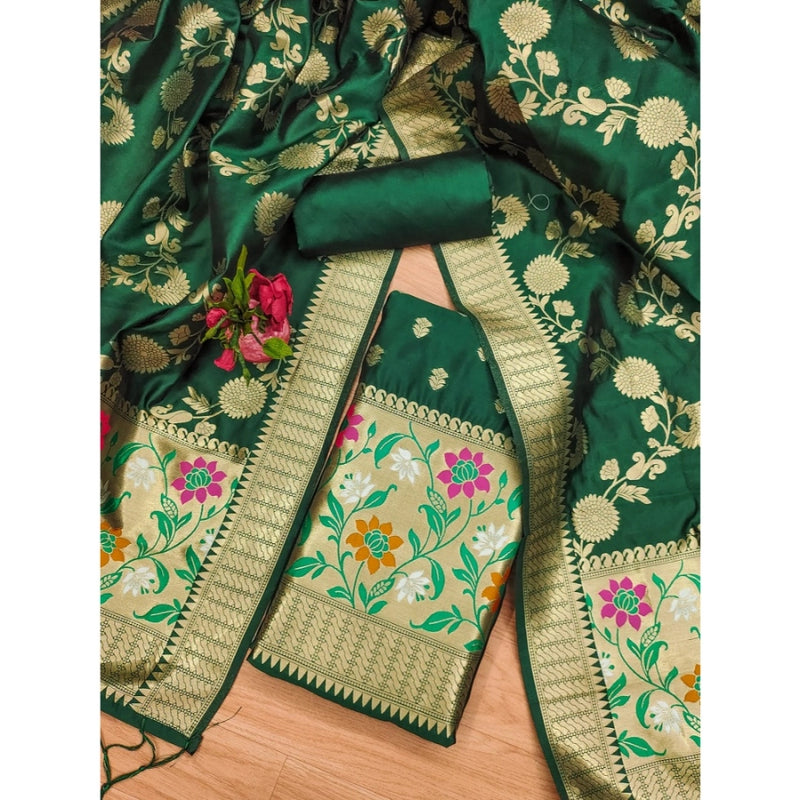 Mayawye Women's Banarasi Silk Printed Unstitched Salwar Suit Material With Dupatta (Green, 3Mtrs)