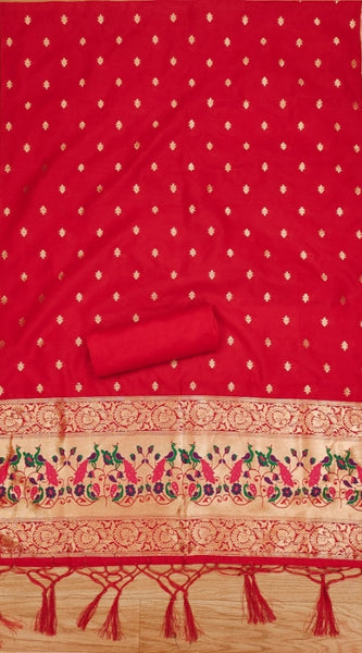 Mayawye Women's Banarasi Silk Printed Unstitched Salwar Suit Material With Dupatta (Red, 3Mtrs)
