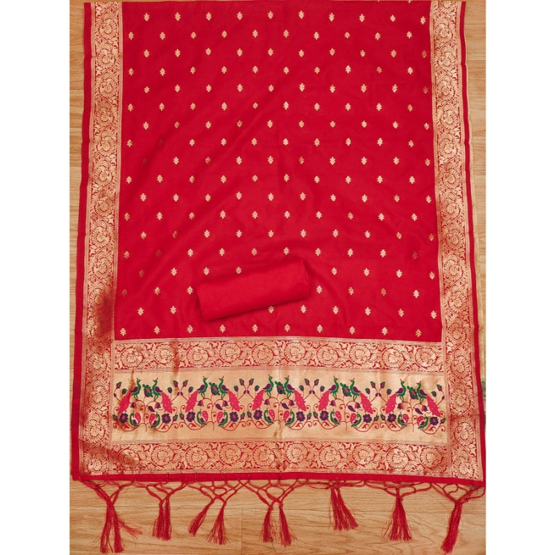 Mayawye Women's Banarasi Silk Printed Unstitched Salwar Suit Material With Dupatta (Red, 3Mtrs)