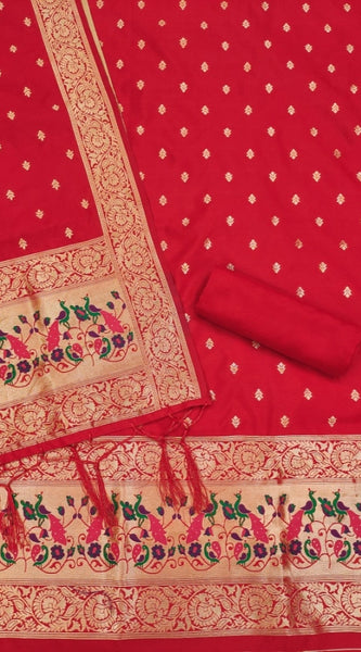 Mayawye Women's Banarasi Silk Printed Unstitched Salwar Suit Material With Dupatta (Red, 3Mtrs)
