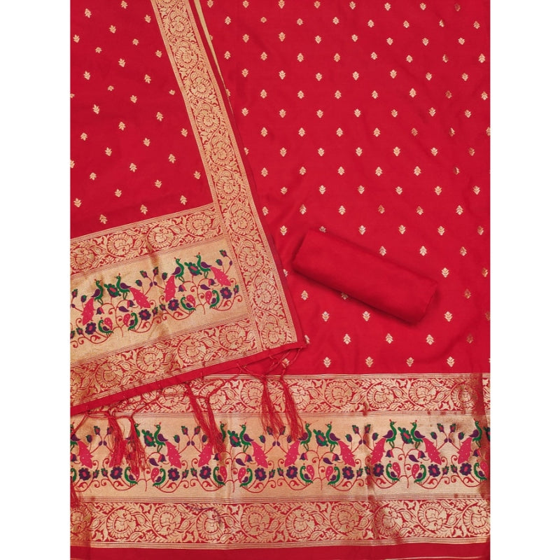 Mayawye Women's Banarasi Silk Printed Unstitched Salwar Suit Material With Dupatta (Red, 3Mtrs)