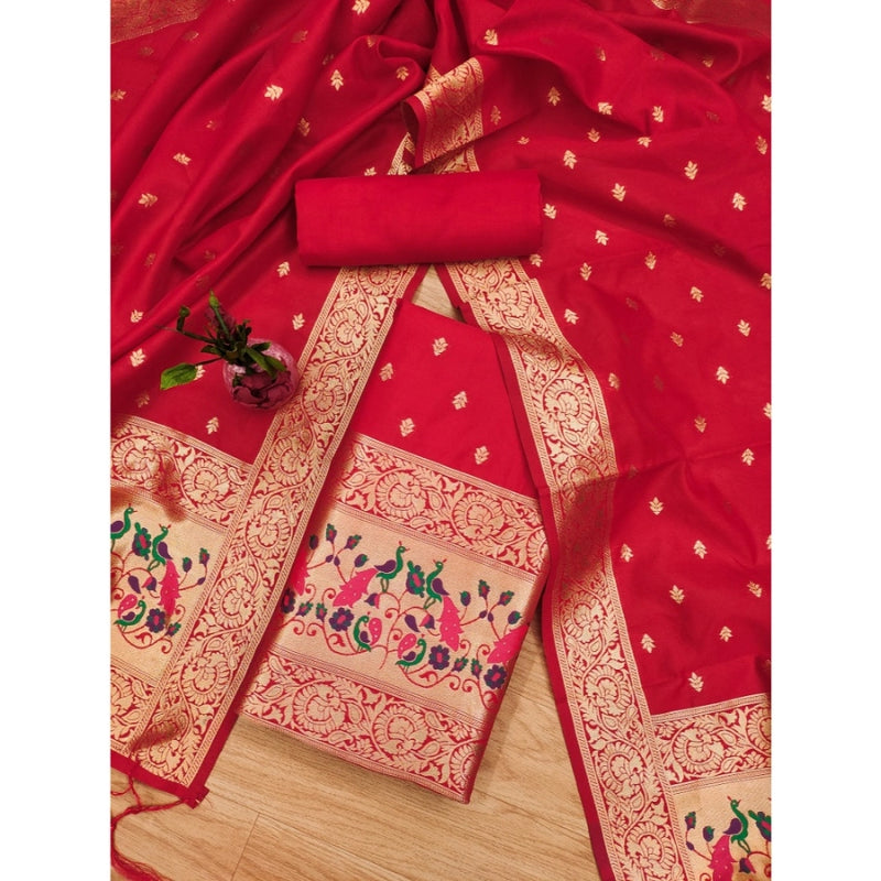 Mayawye Women's Banarasi Silk Printed Unstitched Salwar Suit Material With Dupatta (Red, 3Mtrs)