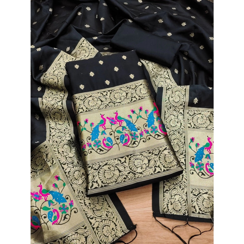 Mayawye Women's Banarasi Silk Printed Unstitched Salwar Suit Material With Dupatta (Black, 3Mtrs)