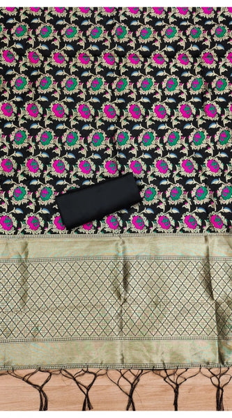 Mayawye Women's Banarasi Silk Printed Unstitched Salwar Suit Material With Dupatta (Black, 3Mtrs)
