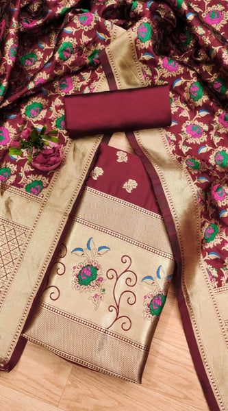 Mayawye Women's Banarasi Silk Printed Unstitched Salwar Suit Material With Dupatta (Maroon, 3Mtrs)