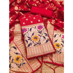 Mayawye Women's Banarasi Silk Printed Unstitched Salwar Suit Material With Dupatta (Red, 3Mtrs)