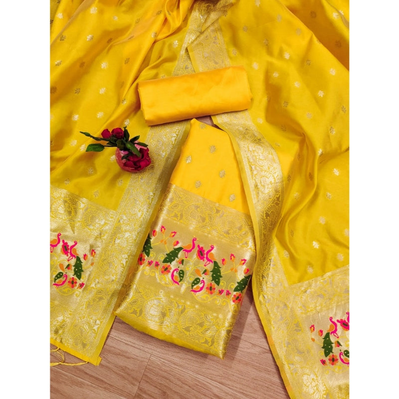 Mayawye Women's Banarasi Silk Printed Unstitched Salwar Suit Material With Dupatta (Yellow, 3Mtrs)