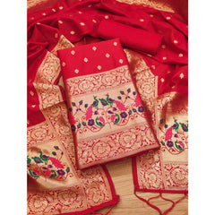 Mayawye Women's Banarasi Silk Printed Unstitched Salwar Suit Material With Dupatta (Red, 3Mtrs)