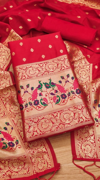 Mayawye Women's Banarasi Silk Printed Unstitched Salwar Suit Material With Dupatta (Red, 3Mtrs)