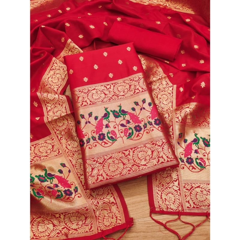 Mayawye Women's Banarasi Silk Printed Unstitched Salwar Suit Material With Dupatta (Red, 3Mtrs)