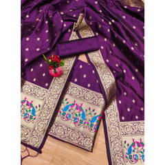 Mayawye Women's Banarasi Silk Printed Unstitched Salwar Suit Material With Dupatta (Purple, 3Mtrs)