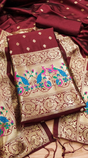 Mayawye Women's Banarasi Silk Printed Unstitched Salwar Suit Material With Dupatta (Maroon, 3Mtrs)