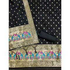 Mayawye Women's Banarasi Silk Printed Unstitched Salwar Suit Material With Dupatta (Black, 3Mtrs)
