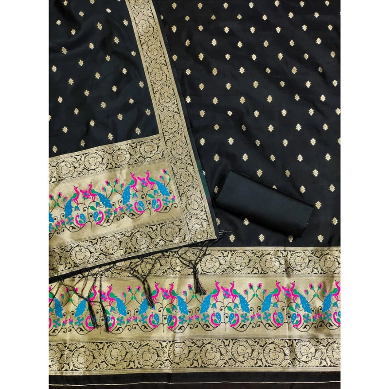 Mayawye Women's Banarasi Silk Printed Unstitched Salwar Suit Material With Dupatta (Black, 3Mtrs)
