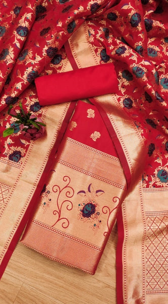 Mayawye Women's Banarasi Silk Printed Unstitched Salwar Suit Material With Dupatta (Red, 3Mtrs)
