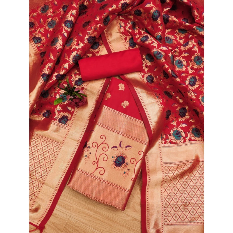 Mayawye Women's Banarasi Silk Printed Unstitched Salwar Suit Material With Dupatta (Red, 3Mtrs)