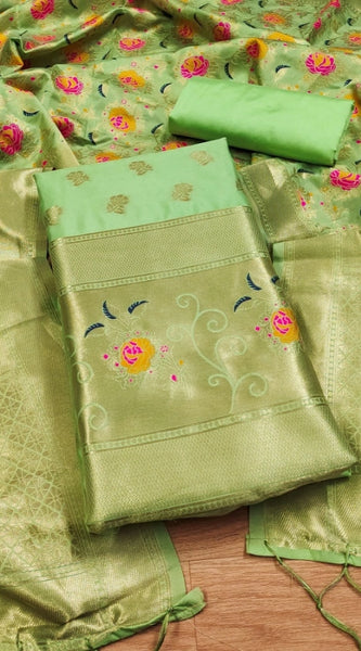 Mayawye Women's Banarasi Silk Printed Unstitched Salwar Suit Material With Dupatta (Pista, 3Mtrs)