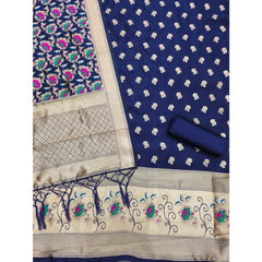 Mayawye Women's Banarasi Silk Printed Unstitched Salwar Suit Material With Dupatta (Navy Blue, 3Mtrs)