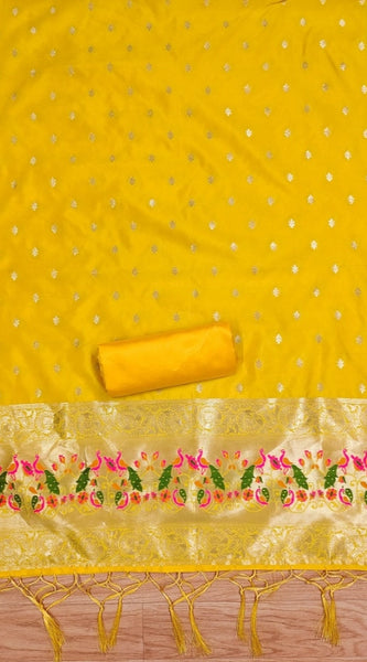Mayawye Women's Banarasi Silk Printed Unstitched Salwar Suit Material With Dupatta (Yellow, 3Mtrs)