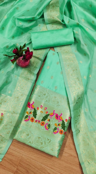 Mayawye Women's Banarasi Silk Printed Unstitched Salwar Suit Material With Dupatta (Seagreen, 3Mtrs)