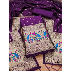 Mayawye Women's Banarasi Silk Printed Unstitched Salwar Suit Material With Dupatta (Purple, 3Mtrs)