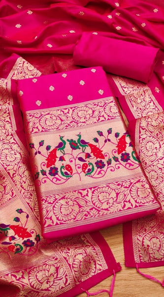 Mayawye Women's Banarasi Silk Printed Unstitched Salwar Suit Material With Dupatta (Pink, 3Mtrs)
