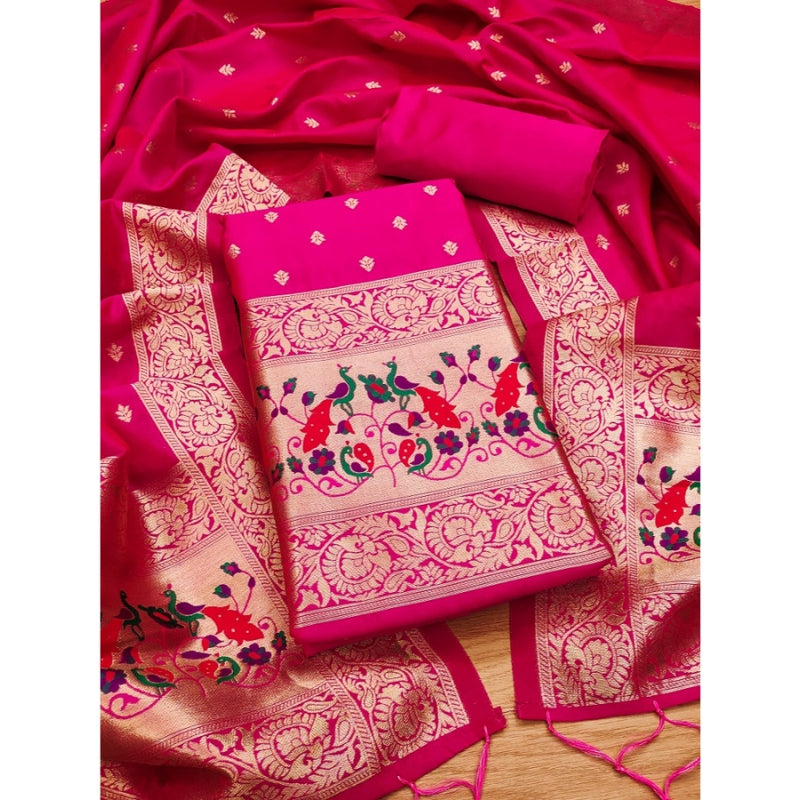 Mayawye Women's Banarasi Silk Printed Unstitched Salwar Suit Material With Dupatta (Pink, 3Mtrs)