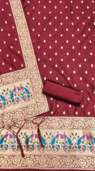 Mayawye Women's Banarasi Silk Printed Unstitched Salwar Suit Material With Dupatta (Maroon, 3Mtrs)