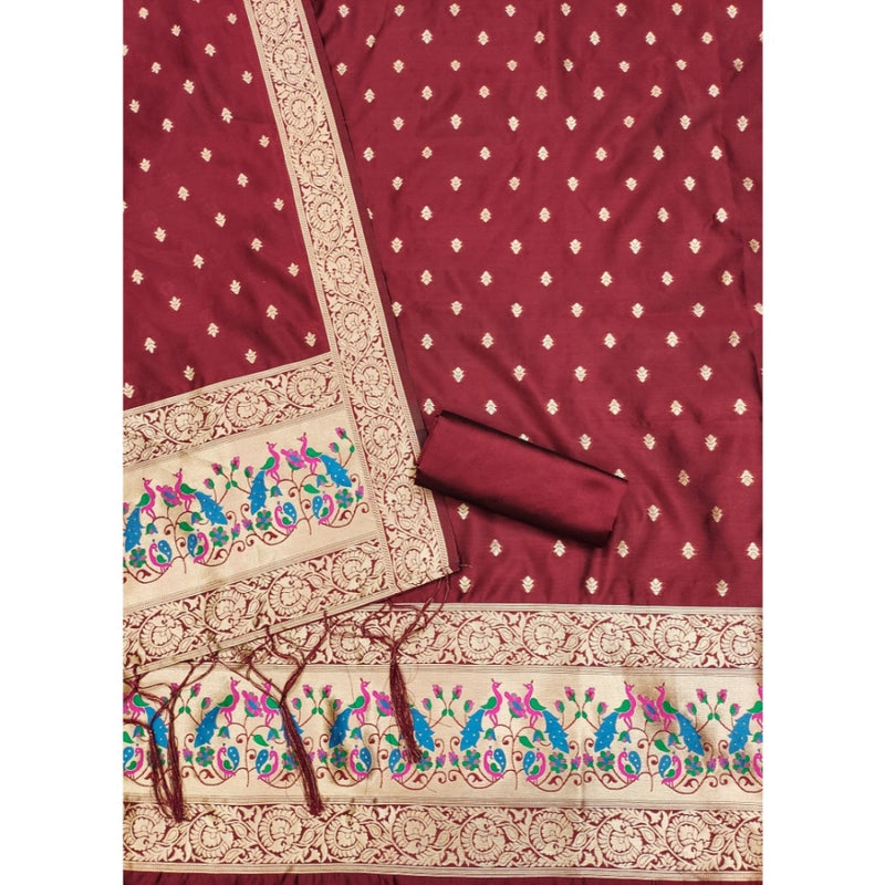 Mayawye Women's Banarasi Silk Printed Unstitched Salwar Suit Material With Dupatta (Maroon, 3Mtrs)